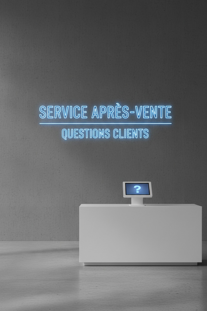 Comptoir d'accueil blanc surmonté d'une enseigne néon blanc indiquant « SERVICE APRÈS-VENTE QUESTIONS CLIENTS » avec un écran affichant un point d'interrogation.